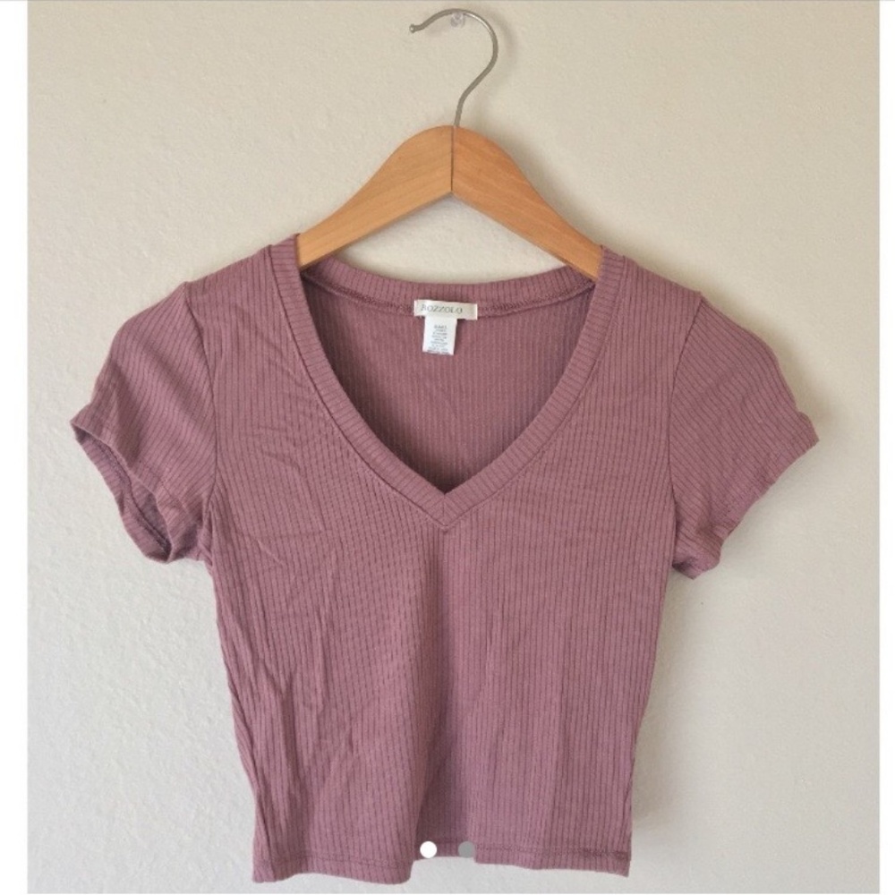 💛Muted Purple/Pink Ribbed V-Neck Crop Tee